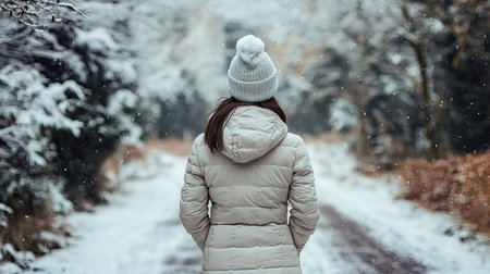 A woman stands alone on a serene snowy path, surrounded by winter trees. Dressed warmly in a coat and beanie, she embraces the beauty of the snowy landscape.の素材