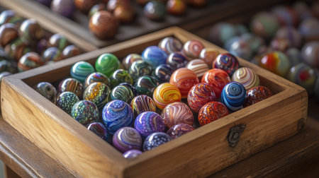 A mesmerizing collection of colorful handcrafted glass marbles arranged in a wooden box. This vibrant display evokes feelings of nostalgia and artistic creativity.の素材
