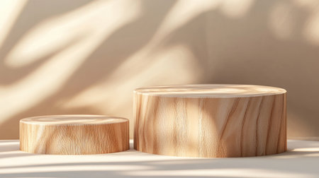 Two wooden display pedestals in a serene setting, featuring exquisite grain details and beautiful play of light and shadow, ideal for product showcases.の素材