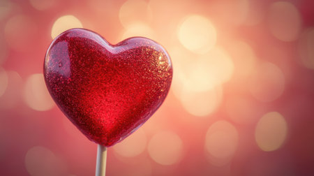 A bright red heart-shaped lollipop with a sparkling texture stands out against a soft bokeh background, ideal for romantic occasions, celebrations, or sweet treats.の素材