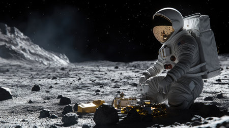 An astronaut conducts research on the moon's surface, surrounded by rocky terrain and a vast starry sky, embodying the spirit of space exploration and discovery.の素材