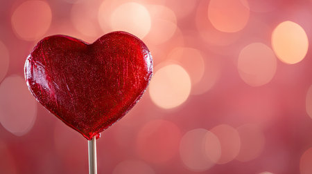 A vibrant red heart-shaped lollipop stands prominently against a soft pink background filled with sparkling bokeh lights, perfect for romantic themes and celebrations.の素材