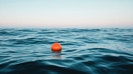 A bright orange buoy drifts peacefully in the blue ocean waters under a soft dusk sky. This image captures the tranquility and beauty of a serene marine landscape.の素材