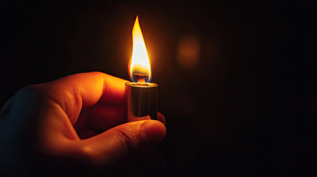 A close-up view of a hand holding a silver lighter with a dancing flame, set against a dark background that enhances the contrast and warmth of the glow.の素材