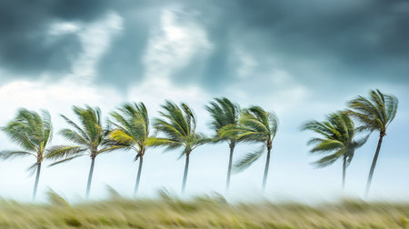 A picturesque scene of tall palm trees swaying in the wind under a moody cloudy sky, creating a dynamic and serene atmosphere in a tropical environment.の素材