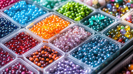 Explore a vibrant collection of colorful craft beads arranged in clear containers. Ideal for DIY jewelry making, creative projects, and artistic designs. Perfect for hobbyists.の素材