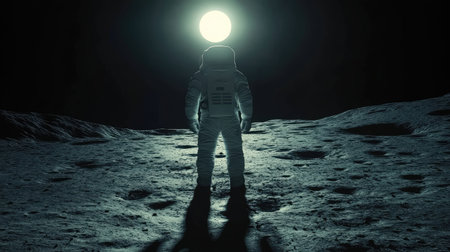 An astronaut stands on the moon's surface, gazing at a bright sun overhead. The stark contrast of light and darkness creates a serene, otherworldly atmosphere.の素材