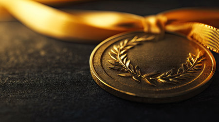 Close-up view of a shiny gold medal resting on a dark surface, featuring a vibrant golden ribbon. Ideal for themes of achievement, success, and recognition.の素材