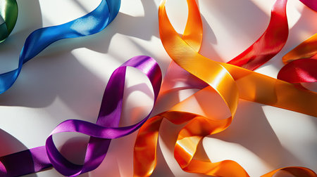 This image features an artistic arrangement of colorful satin ribbons, showcasing bright hues and smooth textures for creative projects and decorative uses.の素材