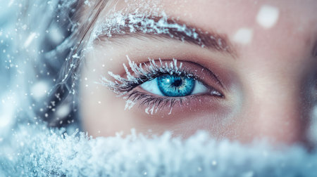 This stunning close-up captures a frosty eye surrounded by snow, showcasing the beauty of winter. The vibrant blue hue contrasts beautifully with icy textures, evoking serenity.の素材