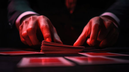 A close-up view of hands in a formal suit carefully arranging playing cards on a table in low light, creating a mysterious and intense atmosphere that captivates attention.の素材