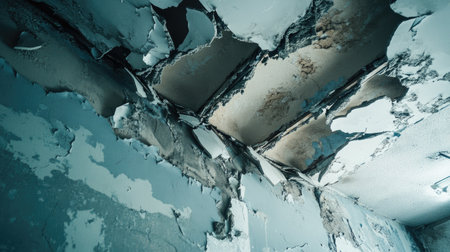 A close-up view of a severely damaged ceiling featuring cracked paint and visible water stains highlights the neglect of an abandoned indoor space.の素材