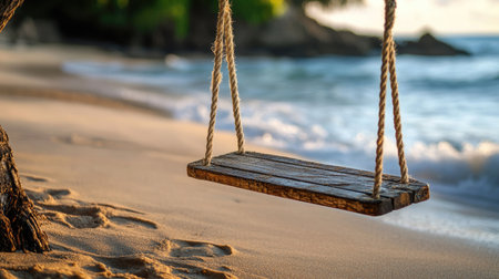 A serene wooden swing hangs from a tree branch on a tranquil beach, capturing the essence of relaxation at sunset, with soft waves lapping the shore.の素材