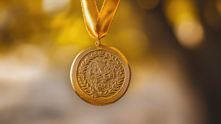 A stunning golden medal hangs gracefully on a yellow ribbon, set against a softly blurred background. This image captures the essence of achievement and honor in competitive settings.の素材