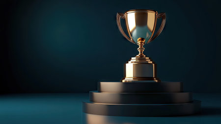 A striking golden trophy sits atop a dark podium, capturing the essence of achievement and success. Perfect for themes of motivation and celebration in various contexts.の素材