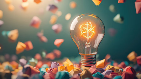 A bright light bulb radiates warmth and creativity amidst a captivating display of colorful paper confetti, creating an inspiring atmosphere filled with joy and imagination.の素材