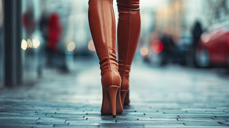 A stylish woman walks on city pavement wearing elegant high-heeled orange boots, capturing the essence of modern fashion in a vibrant urban atmosphere.の素材