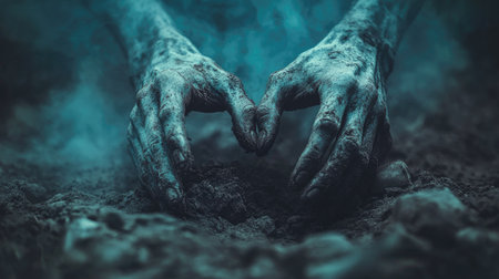 A pair of grimy hands shaping a heart amidst dark soil and wisps of smoke presents a powerful symbol of connection, growth, and transformation in nature.の素材