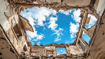 A breathtaking view of a ruined structure, featuring a ceiling collapse that reveals a vibrant blue sky and fluffy clouds, capturing the beauty of decay and nature's resilience.の素材