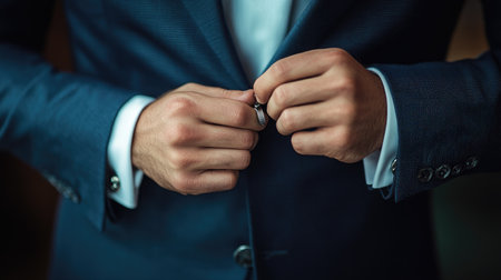 A refined man adjusts his suit jacket, highlighting a moment of preparation and elegance. This image captures a stylish male in formal attire, perfect for various occasions.の素材