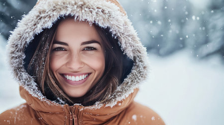 A cheerful woman smiles warmly in a winter coat with a fur hood, surrounded by gently falling snowflakes, embodying joy and comfort during cold weather.の素材
