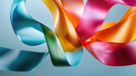 A captivating display of colorful satin ribbons twisting and flowing gracefully in the air, showcasing a vibrant mixture of hues against a soft blue backdrop.の素材