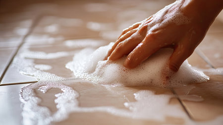 A close-up image showcasing a hand actively scrubbing a tile floor with a soapy solution, emphasizing cleanliness and domestic care in bright lighting conditions.の素材