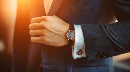 A close-up of a man's hand adjusting a watch while in a tailored suit, conveying elegance and professionalism in a beautifully lit environment.の素材