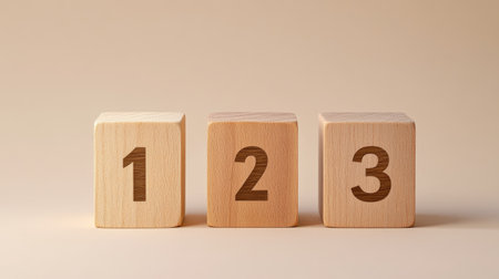 This image features three wooden blocks with the numbers one, two, and three, perfect for educational purposes, decor, and playful learning environments.の素材