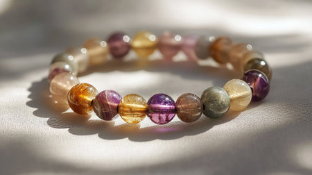A stunning bracelet made from various colorful natural gemstones, showcasing vibrant hues and unique patterns, elegantly displayed under gentle light on a soft surface.の素材