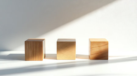 Three wooden cubes cast elegant shadows and display natural textures on a soft background, evoking a sense of minimalism and serenity in design aesthetics.の素材