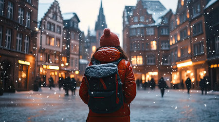 A serene winter evening captures a person in a bright red coat standing on a snowy street, surrounded by beautiful historic buildings and soft evening lights, evoking a sense of tranquility.の素材