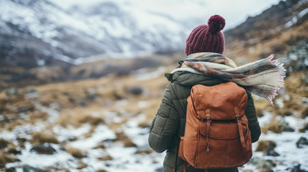 A traveler stands in a frozen landscape, surrounded by towering snowy mountains. Dressed warmly with a backpack, this scene captures the essence of winter exploration.の素材