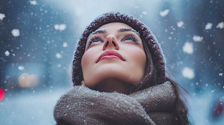 A beautiful young woman looks upwards in a snowy scene, capturing the essence of winter's charm. Her warm accessories complement the serene atmosphere.の素材