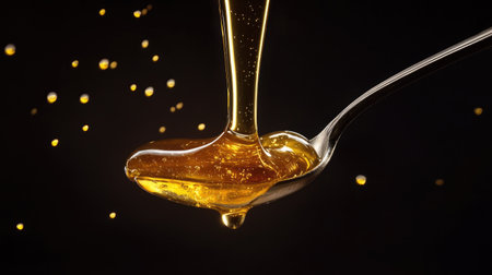 Captivating image of honey dripping from a spoon, showcasing its rich golden color and glossy texture against a dark background, ideal for culinary themes.の素材