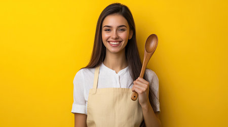 Happy young woman in an apron holding a wooden spoon against a vibrant yellow background. Ideal for themes of cooking, baking, and kitchen joy.の素材