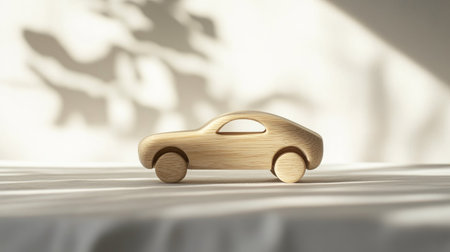 This charming wooden car toy, set against a softly lit fabric surface, creates a serene atmosphere perfect for inspiring creativity in both children and adults.の素材