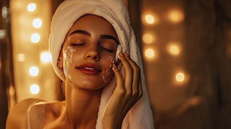 A young woman indulges in her skincare ritual in a serene bathroom illuminated by soft lights. She applies a mask, embodying relaxation and self-care.の素材