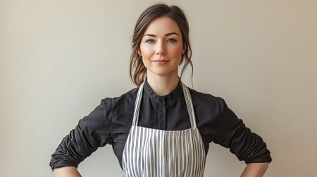 A confident young woman wearing a striped apron stands with her arms crossed against a neutral background, exuding passion for cooking and professionalism.の素材