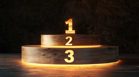 A stunning wooden podium with glowing lights showcases numbers one, two, and three, creating an ideal visual for themes of competition and achievement in a dramatic setting.の素材