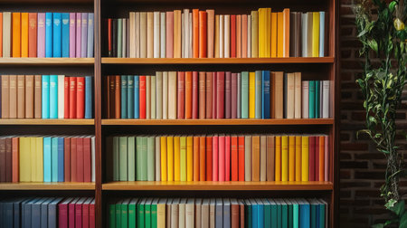 This image showcases a beautifully organized bookshelf filled with an array of colorful books. The vibrant colors create a warm and inviting atmosphere perfect for any reading space.の素材