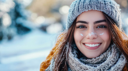 A cheerful young woman with snow on her nose smiles warmly at the camera, showcasing her joy in a beautiful winter landscape filled with soft snowfall.の素材