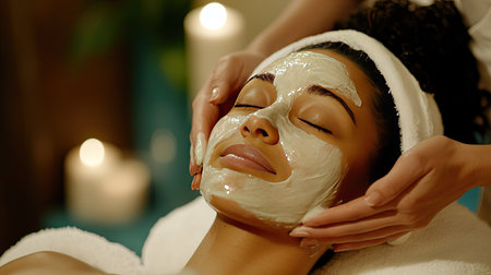A spa therapist gently applying a facial mask to a clients face, while she relaxes with her eyes closed in a peaceful, luxurious spa setting.の素材