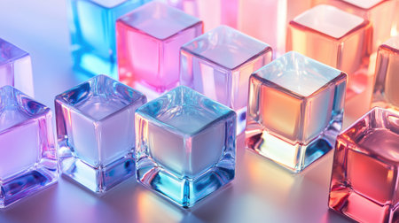 This image features an arrangement of colorful glass cubes, illuminated softly to create a serene and elegant ambiance, perfect for decorative and design purposes.の素材