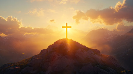 This stunning image captures a cross atop a majestic mountain, illuminated by a vibrant sunset. The dramatic sky evokes feelings of peace and spirituality.の素材