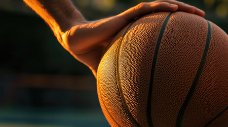 A close-up view highlighting an athletic hand gripping a textured basketball while illuminated by warm golden sunset light, emphasizing sportsmanship and energy.の素材