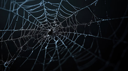A stunning close-up of a spider web showcasing intricate patterns and glistening dew drops against a dark backdrop, perfect for nature lovers and artistic projects.の素材