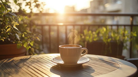 A serene morning scene featuring a steaming cup of coffee on a wooden table surrounded by greenery. Soft sunlight creates a warm, inviting atmosphere perfect for enjoying a quiet moment.の素材