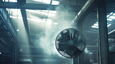 An industrial fan creates a refreshing breeze in a spacious warehouse, with mist swirling in the air, highlighted by soft natural light streaming through windows.の素材