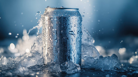 A cold, metallic can rests among chunks of ice, glistening with water droplets, perfect for showcasing thirst-quenching refreshment on a hot day.の素材